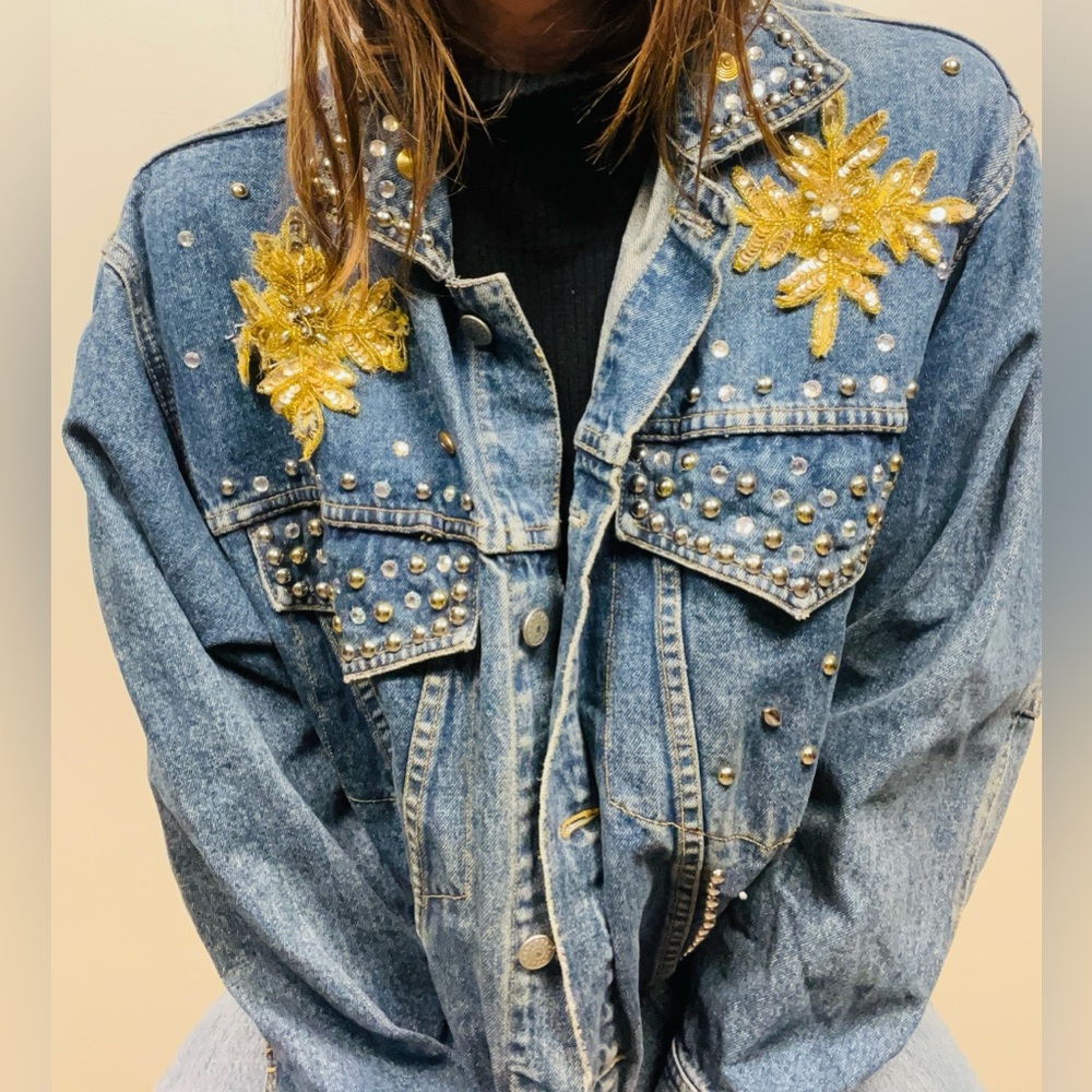 Vintage Studded and Embellished Denim Jacket by Freego - Size L